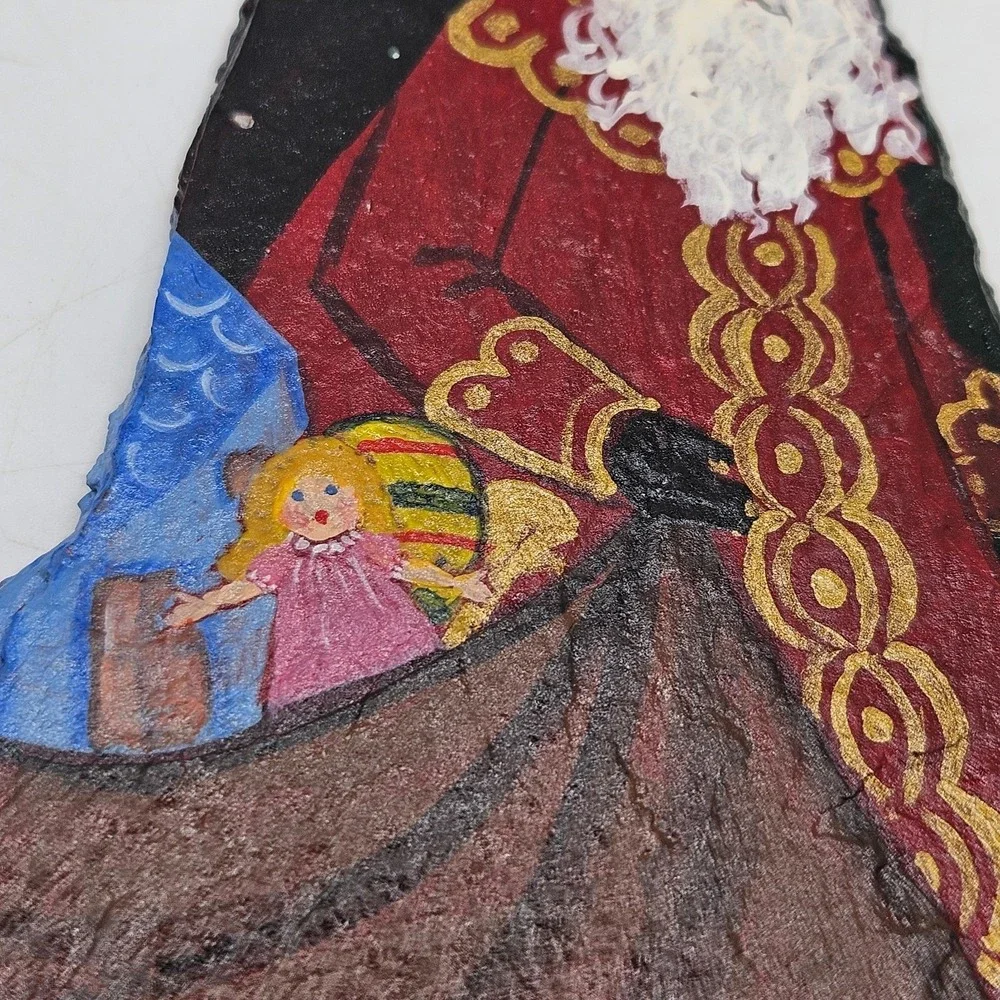 VTG Hand Painted Slate Santa‎ Christmas Ornament Rustic Folk Art Ornament Decor